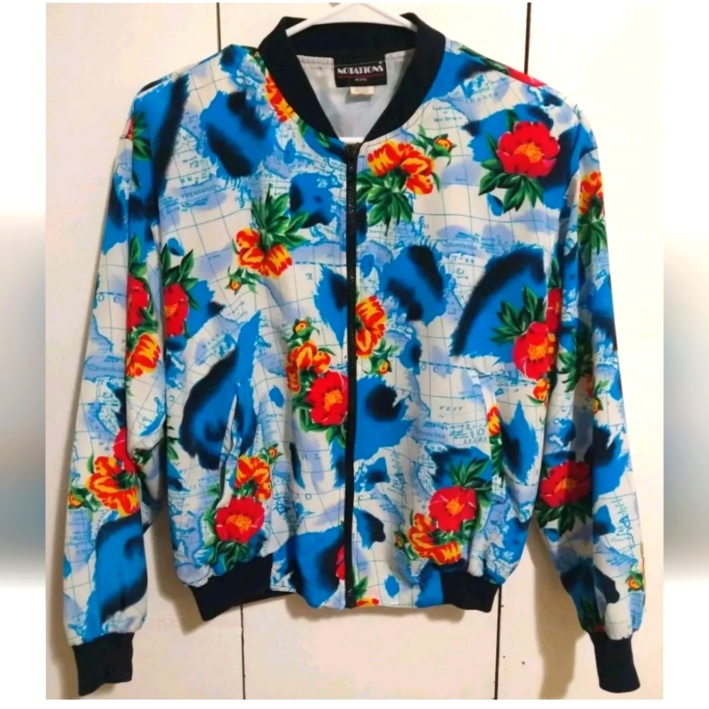 Vintage Notations Petite Bomber Jacket World Map Windbreaker